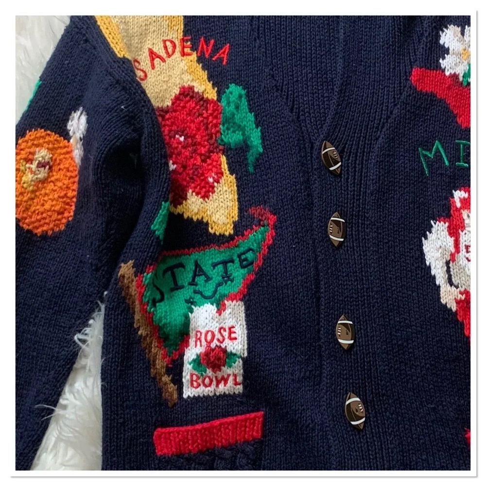 The Eagles Eye Vintage Hand Knit Football Theme Cardigan Sweater Multicolor